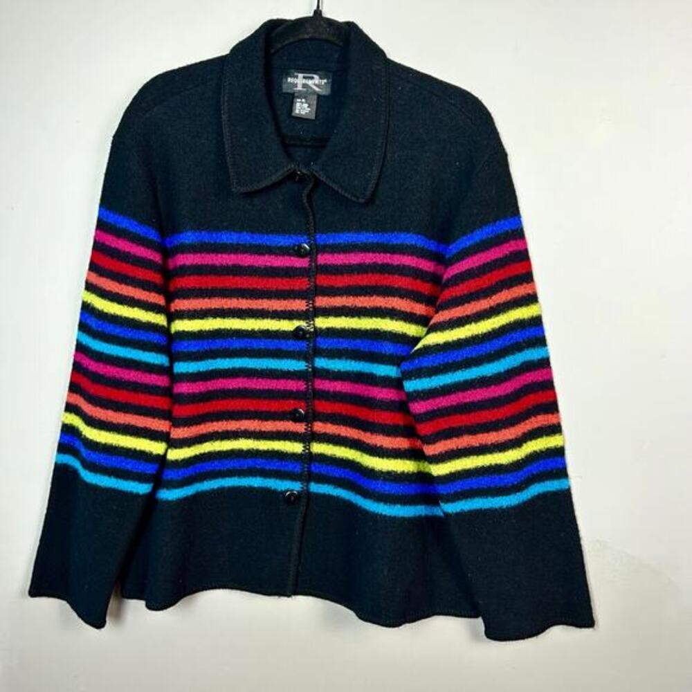 Requirements sweater jacket XL extra large rainbow cardigan‎ black stripe serape